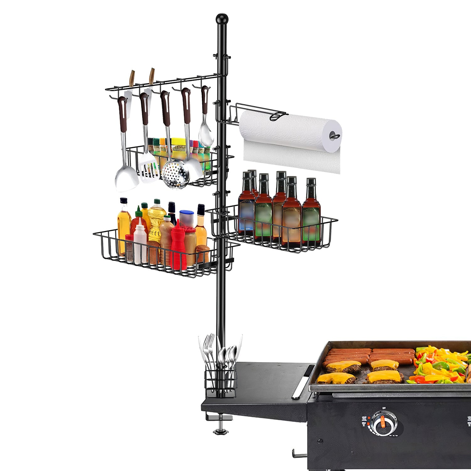 1Pc Griddle Caddy With Paper Towel Holder Hook Baskets BBQ Accessories Storage Rack Vertical Standing BBQ Organizer Grill Utensil Storage Fit For Blackstone Griddle