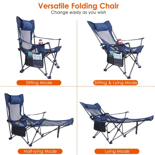 Foldable Camping Chair Collapsible Reclining Chair 330LBS Load Heavy Duty Steel Lawn Chair With Reclining Backrest Angle Cup Holder Pillow Side Pocket Carry Bag