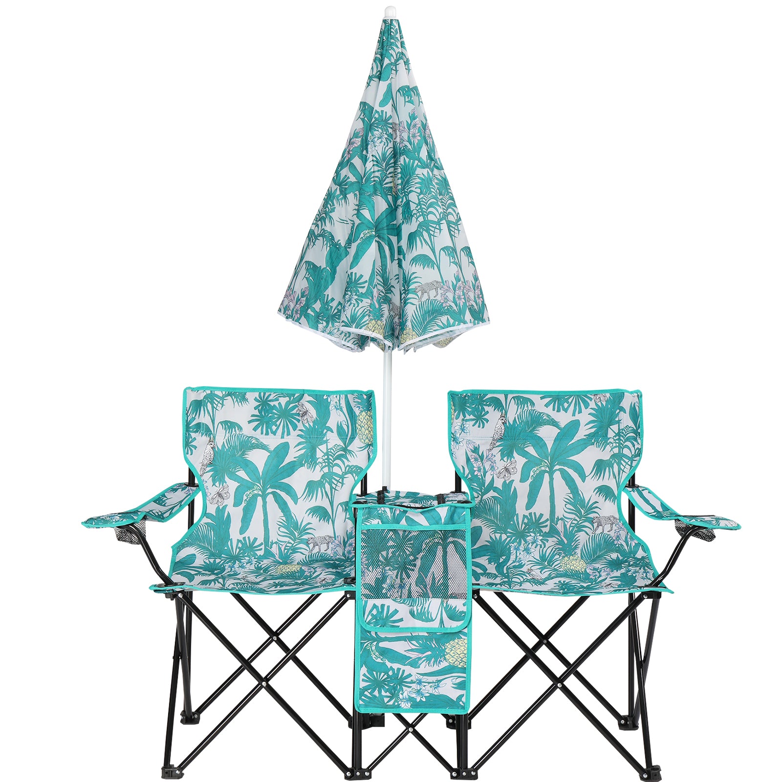 Camping Chairs, Folding Double Chair With Removable Umbrella, Cup Holders, Cooler Bag, Side Pocket & Carry Bag, For Beach, Outdoor, Sports, Concerts, Travel, Picnic