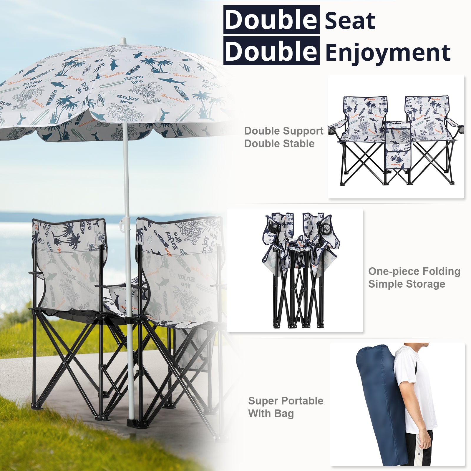 59x19.6x31in, Coconut Tree Pattern, Fishing Chair With Parasol, Camping Chairs