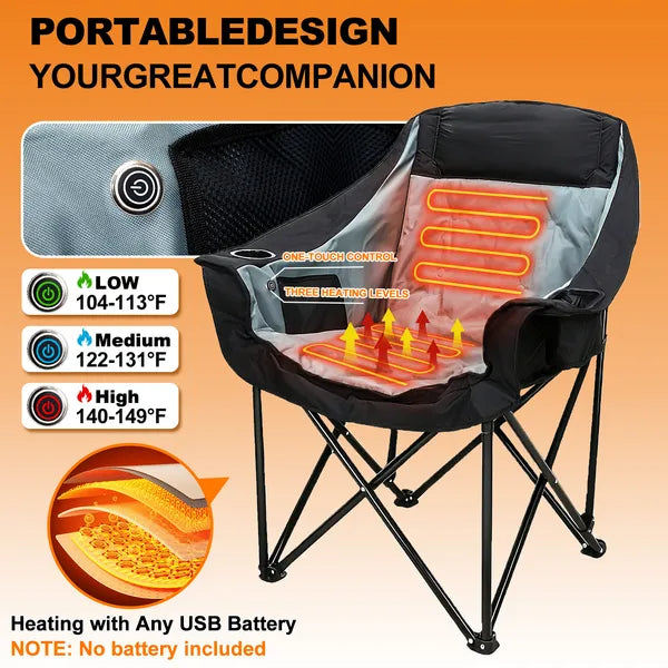Oversized Heated Camping Chair, Patio Lounge Chairs With 3 Heat Levels, Portable Folding Heated Chair Round Moon Saucer Folding Lawn Chair Outdoor Chair For Camping, Lounge Patio