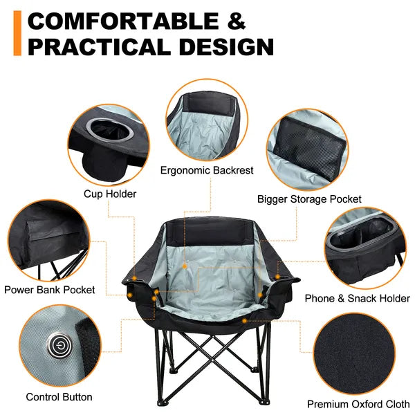 Oversized Heated Camping Chair, Patio Lounge Chairs With 3 Heat Levels, Portable Folding Heated Chair Round Moon Saucer Folding Lawn Chair Outdoor Chair For Camping, Lounge Patio
