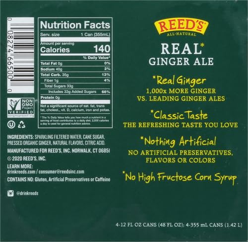 REEDS GINGER BREW Real Ginger Ale Soda 4 Pack, 12 FZ