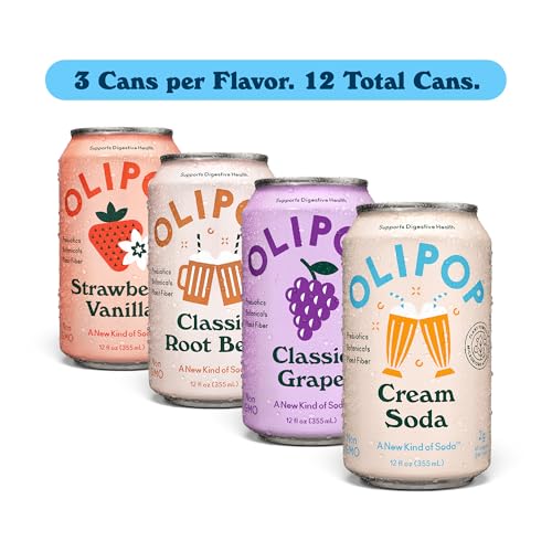 OLIPOP Prebiotic Soda Pop, SpongeBob Pineapple Paradise, Pantry Pack Packed with Prebiotics, Fiber, and Botanicals, Gluten Free, Vegan, GMO Free, 12oz Skinny Can (12-Cans)