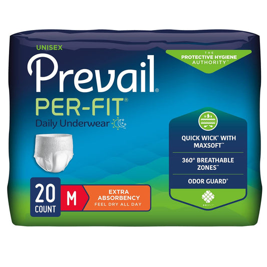 Prevail Per-Fit Daily Protective Underwear, Unisex Adult Disposable Adult Diaper for Men & Women, Extra Absorbency, Medium, 80 Count (4 Packs of 20)