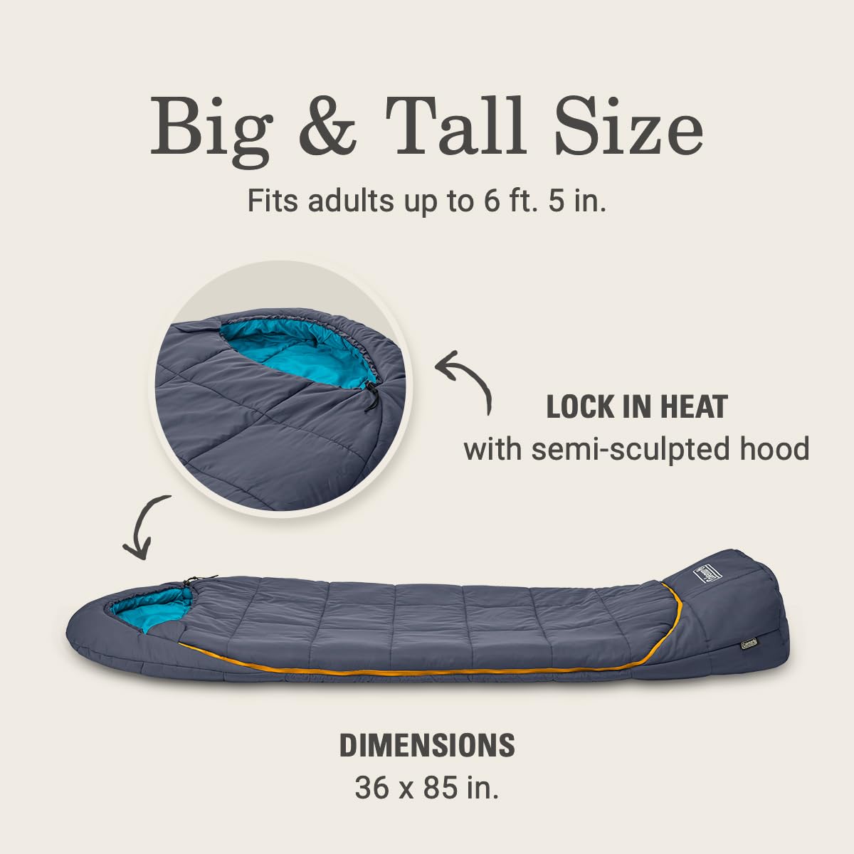 Coleman Big Bay 0/20/40°F Cold-Weather Sleeping Bag, Adult Mummy Sleeping Bag with Headrest, Foot Ventilation, & Storage Sack, Big & Tall Options