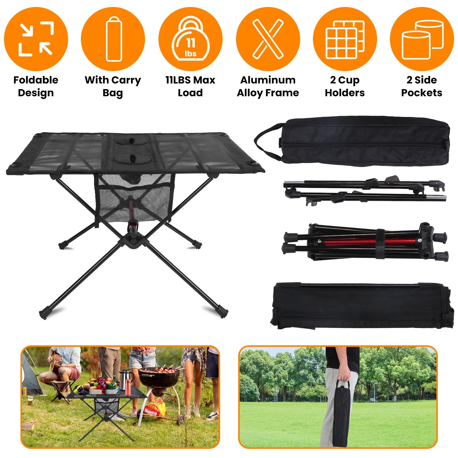 1Pc Portable Folding Camping Table Foldable Beach Table Aluminum Alloy Frame With 2 Cup Holders 2 Side Pockets Carry Bag For Picnic Camping Hiking Beach BBQ
