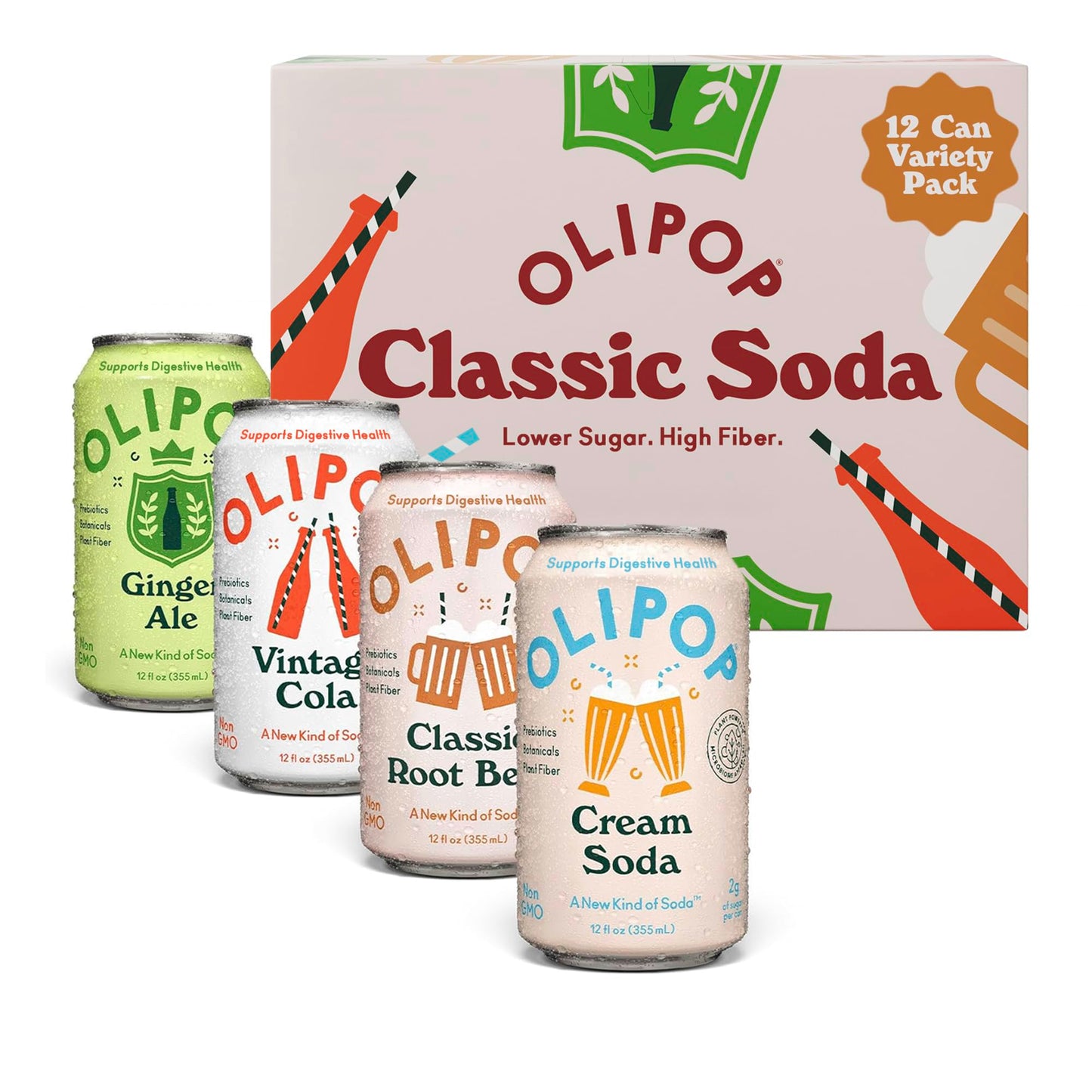 OLIPOP Prebiotic Soda Pop, SpongeBob Pineapple Paradise, Pantry Pack Packed with Prebiotics, Fiber, and Botanicals, Gluten Free, Vegan, GMO Free, 12oz Skinny Can (12-Cans)