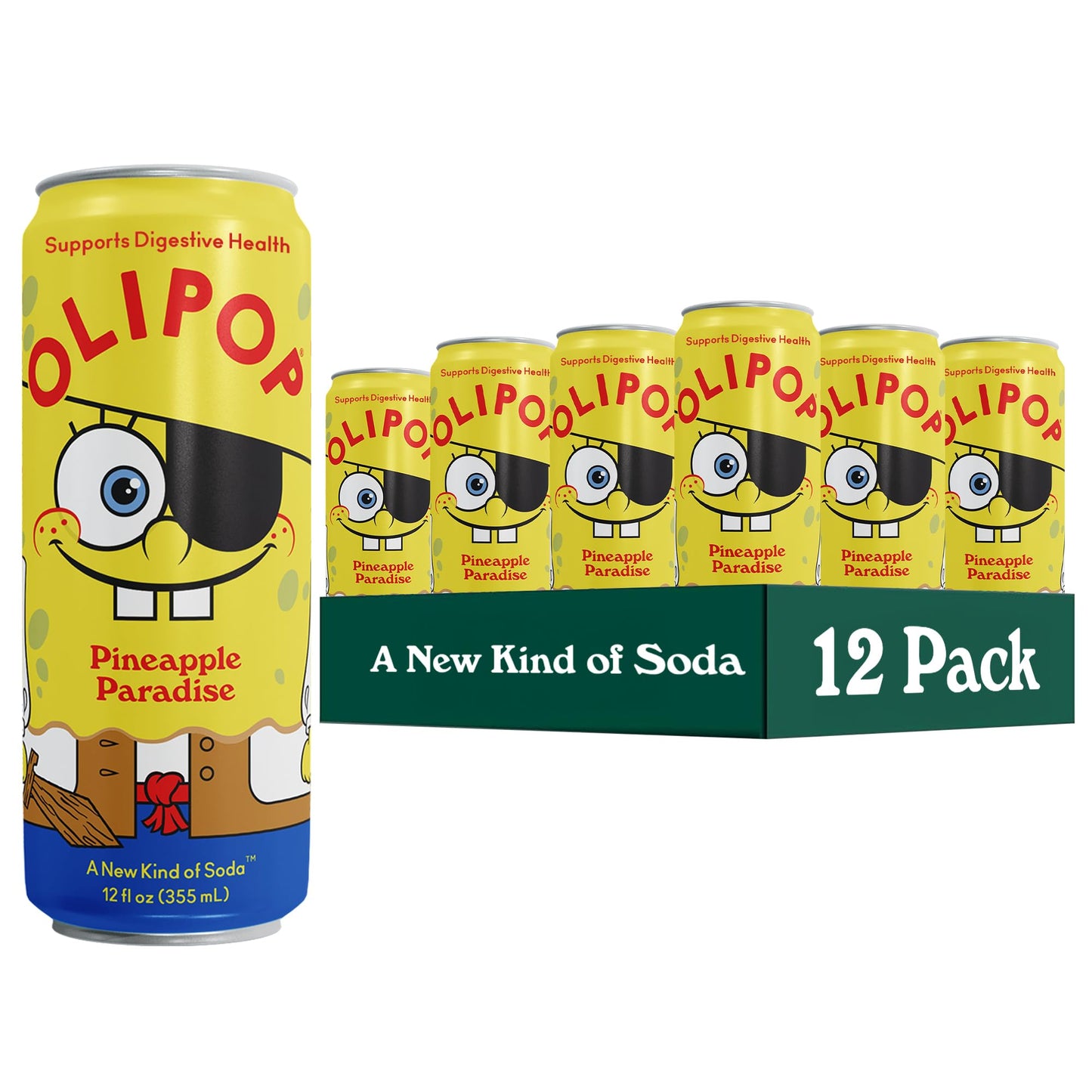 OLIPOP Prebiotic Soda Pop, SpongeBob Pineapple Paradise, Pantry Pack Packed with Prebiotics, Fiber, and Botanicals, Gluten Free, Vegan, GMO Free, 12oz Skinny Can (12-Cans)