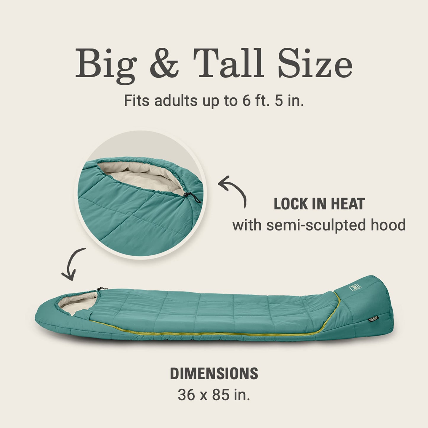 Coleman Big Bay 0/20/40°F Cold-Weather Sleeping Bag, Adult Mummy Sleeping Bag with Headrest, Foot Ventilation, & Storage Sack, Big & Tall Options