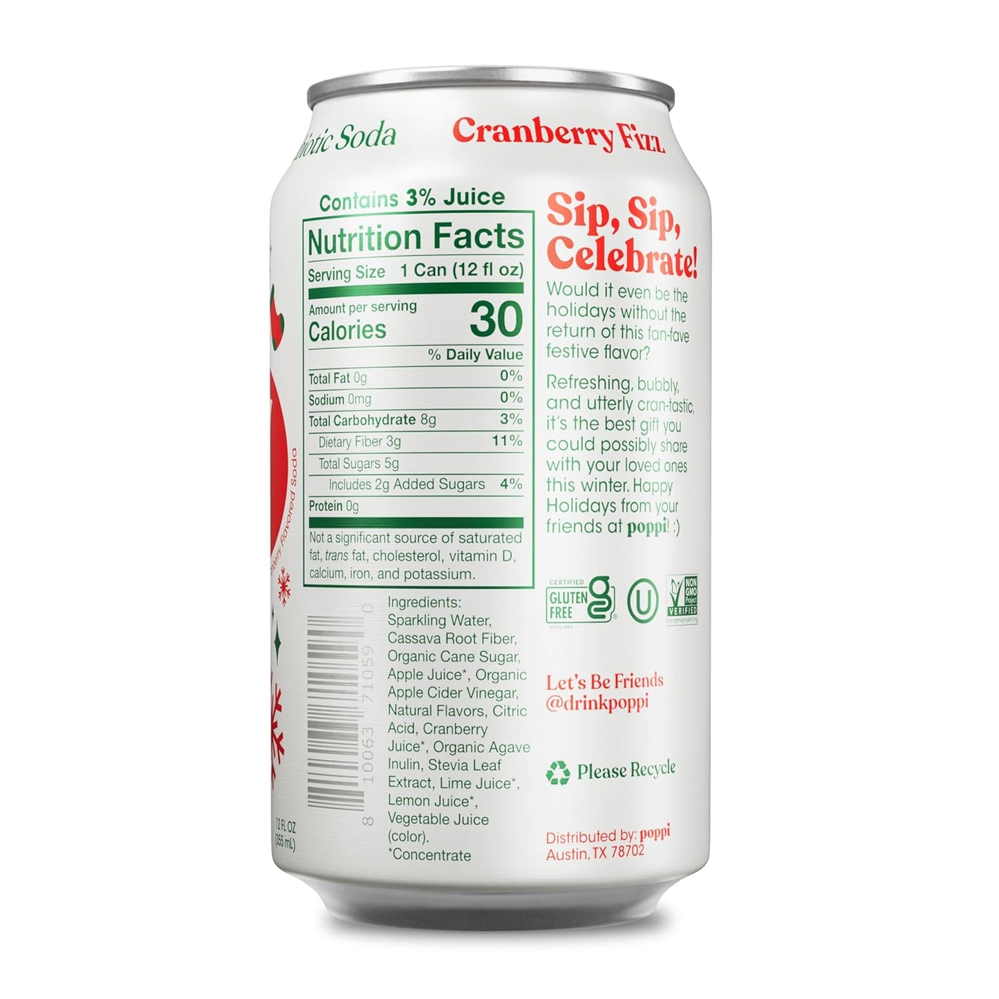 Poppi Sparkling Prebiotic Soda Beverage with Apple Cider Vinegar, Seltzer Water and Fruit Juice, Cranberry Fizz Flavor, 12 Fl Oz, Pack of 12, Packaging May Vary