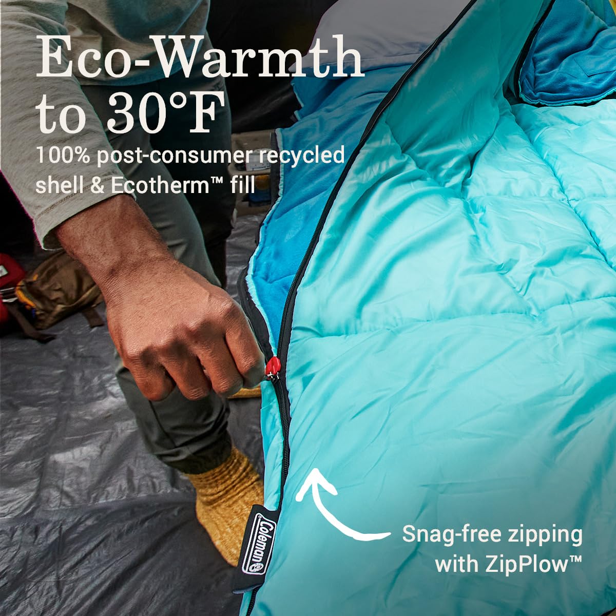 Coleman Flatlands 30/40/50°F Sleeping Bag, Made from 100% Recycled Material, Big & Tall Options, Cool-Weather Sleeping Bag for Camping, Sleepovers, Guests & More