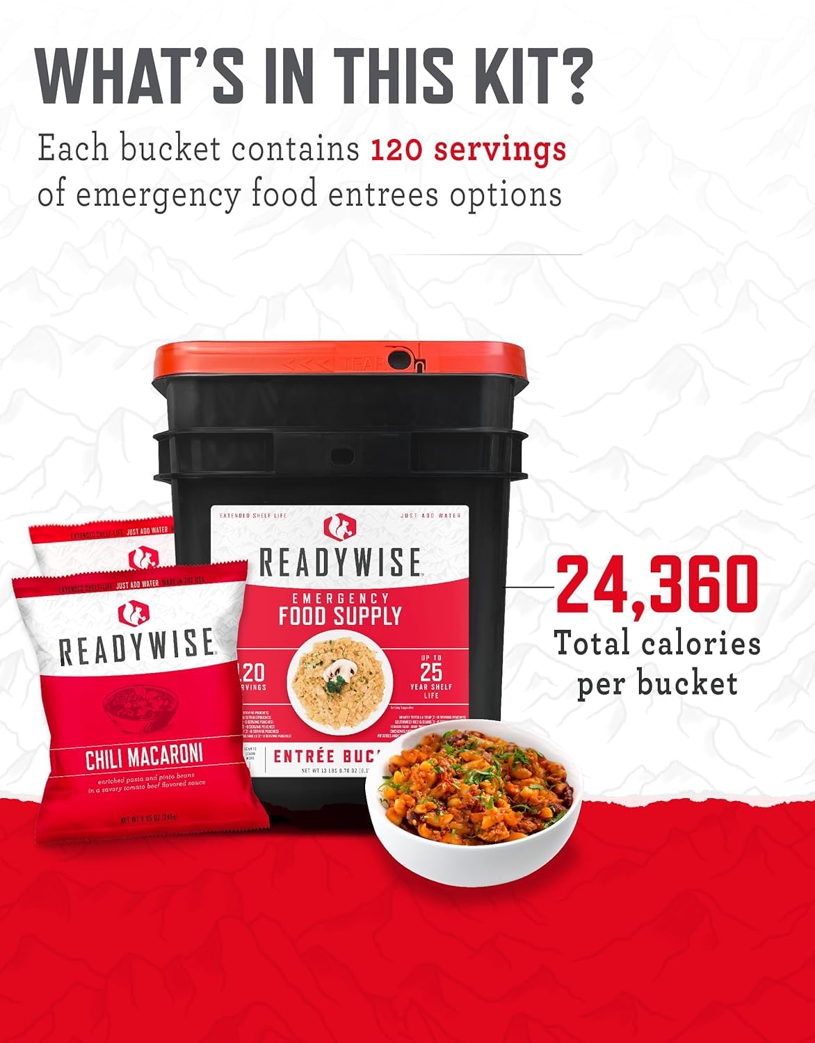 ReadyWise Emergency Food Supply - 120 Servings Favorites Sample Bucket, Survival Food Kit, Freeze Dried Prepper Food & Dehydrated Meals for Camping Essentials & Backpacking, up to 25 Year Shelf Life