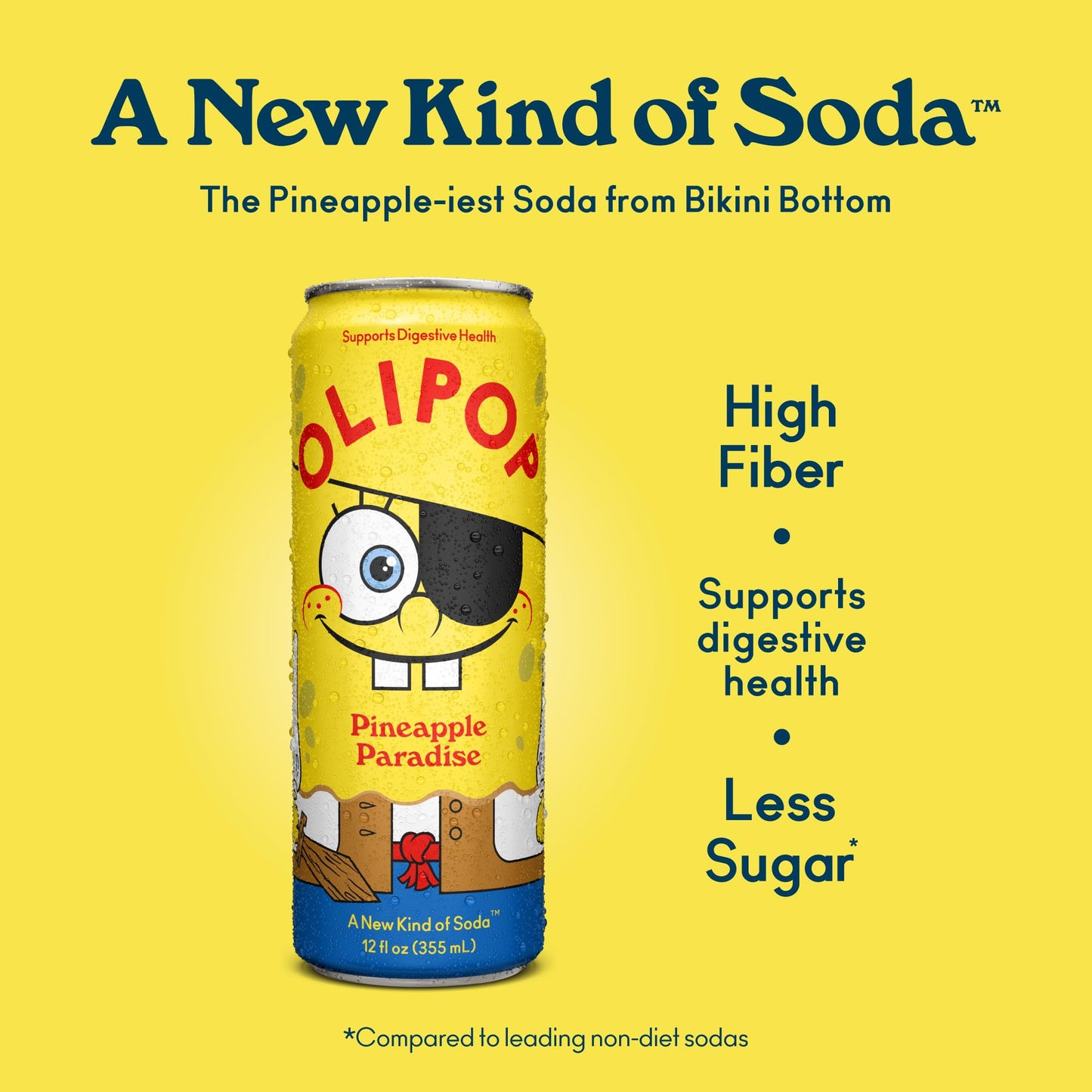 OLIPOP Prebiotic Soda Pop, SpongeBob Pineapple Paradise, Pantry Pack Packed with Prebiotics, Fiber, and Botanicals, Gluten Free, Vegan, GMO Free, 12oz Skinny Can (12-Cans)