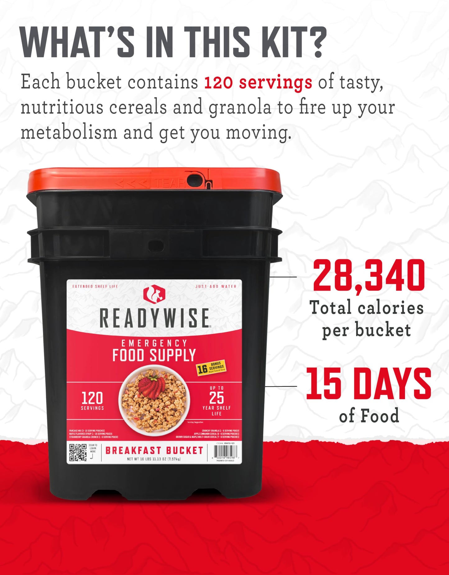 ReadyWise Emergency Food Supply - 120 Servings Favorites Sample Bucket, Survival Food Kit, Freeze Dried Prepper Food & Dehydrated Meals for Camping Essentials & Backpacking, up to 25 Year Shelf Life