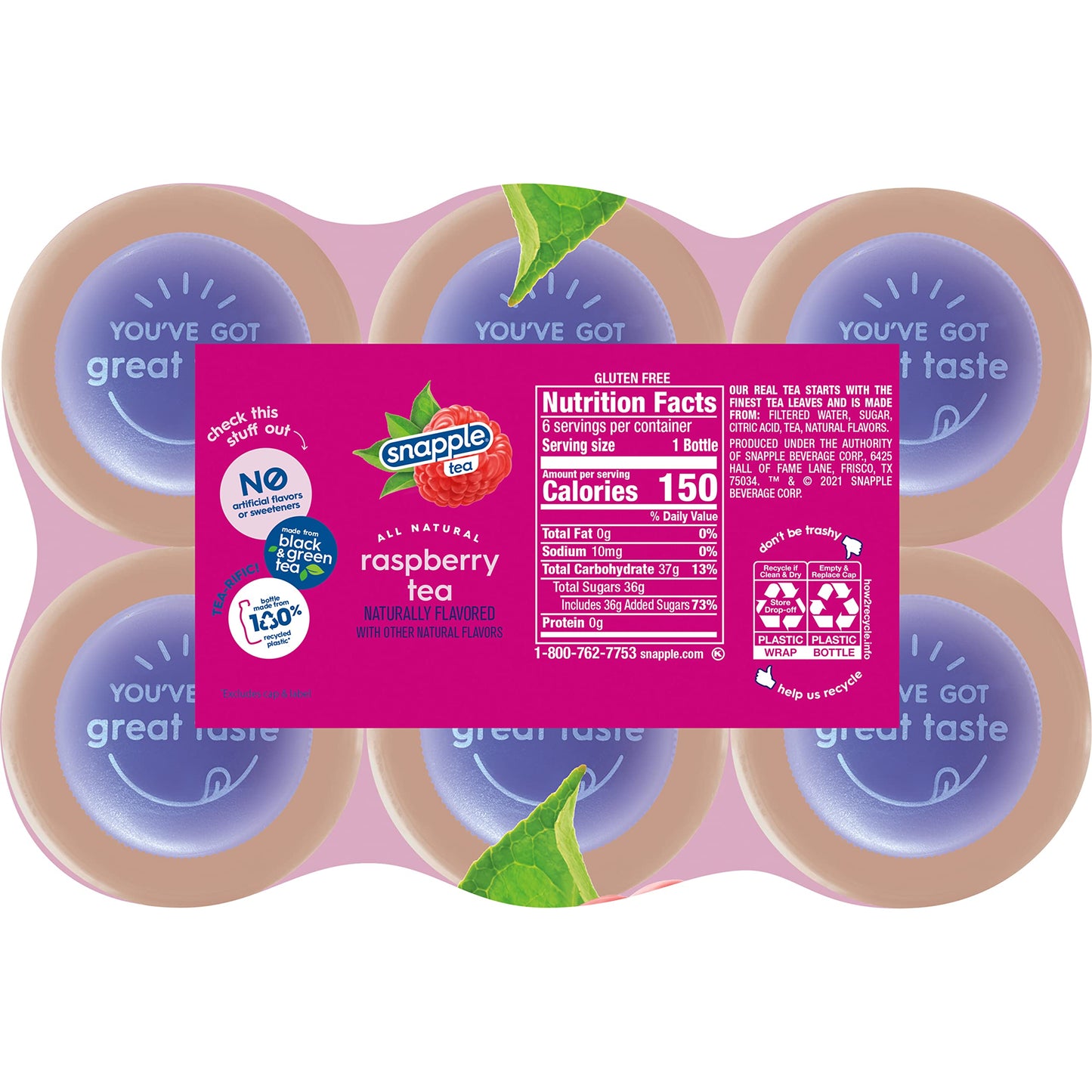 Snapple Zero Sugar Half 'n Half Tea, 16 fl oz recycled plastic bottle, 6 pack