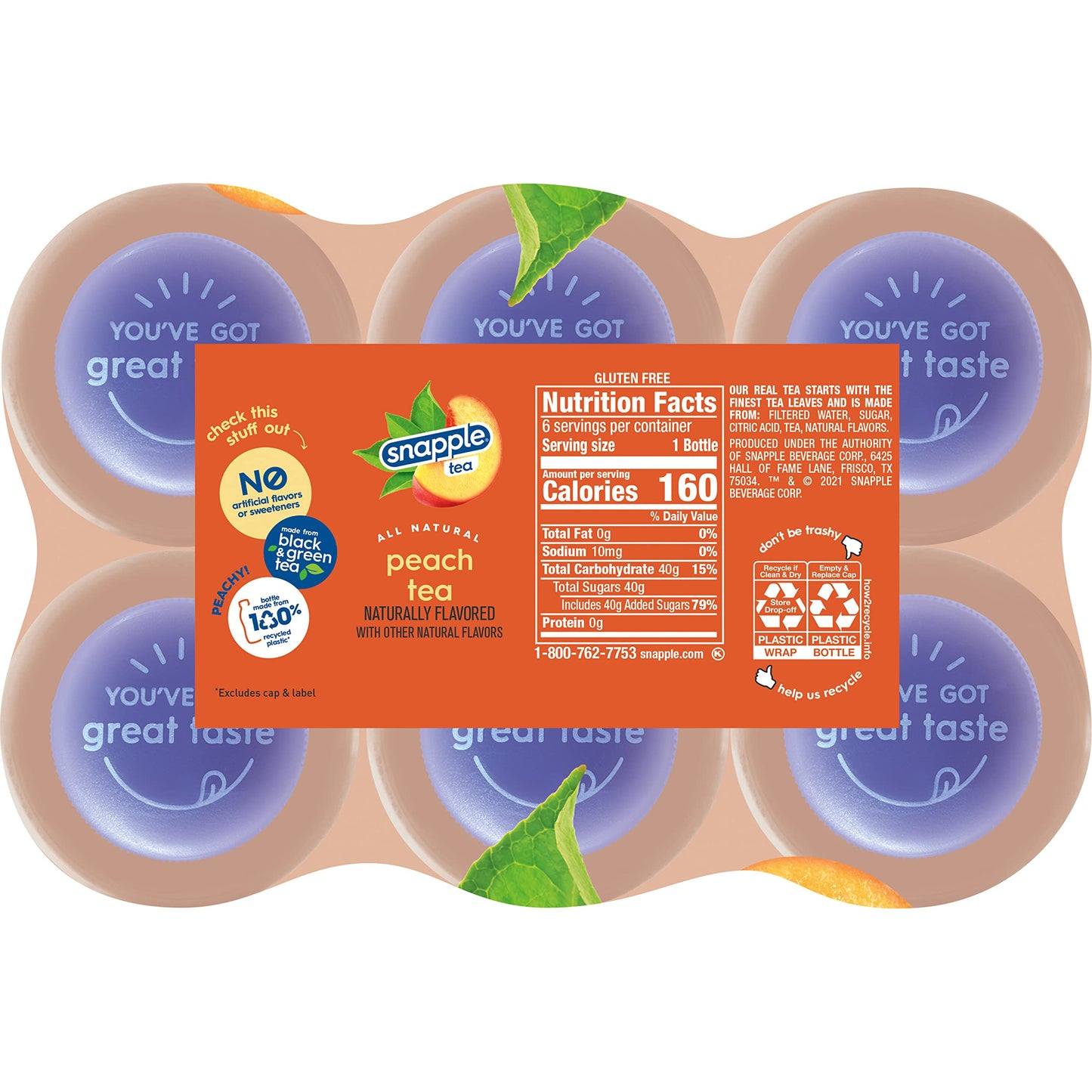 Snapple Zero Sugar Half 'n Half Tea, 16 fl oz recycled plastic bottle, 6 pack