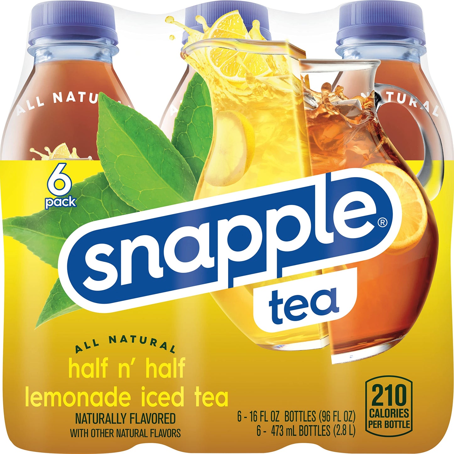 Snapple Zero Sugar Half 'n Half Tea, 16 fl oz recycled plastic bottle, 6 pack