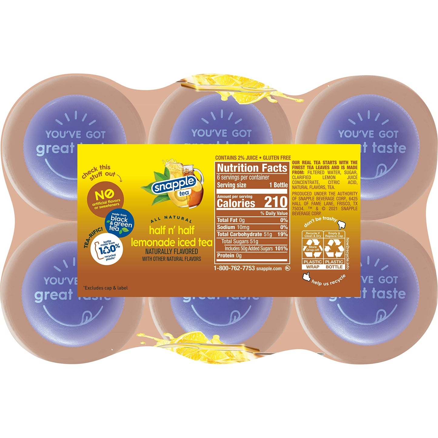 Snapple Zero Sugar Half 'n Half Tea, 16 fl oz recycled plastic bottle, 6 pack