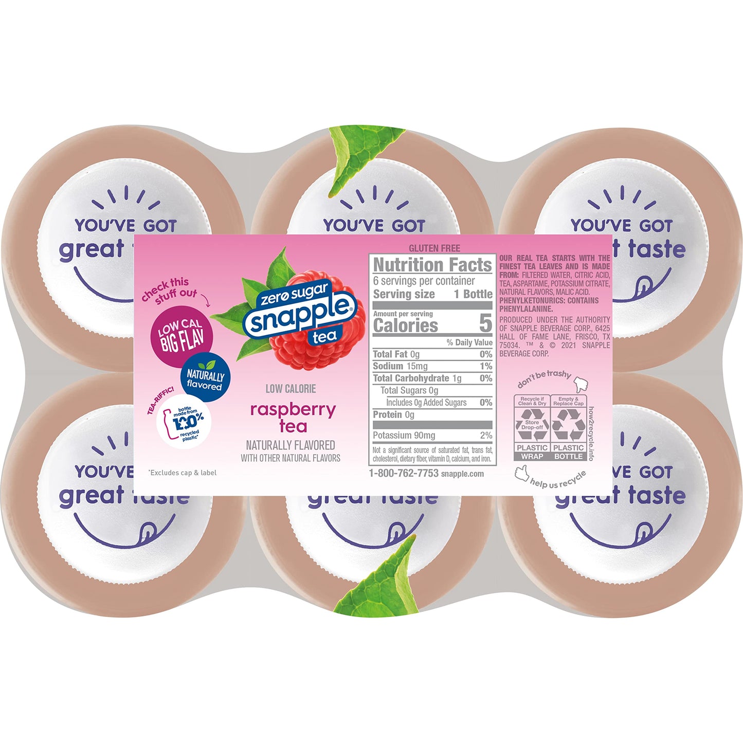 Snapple Zero Sugar Half 'n Half Tea, 16 fl oz recycled plastic bottle, 6 pack