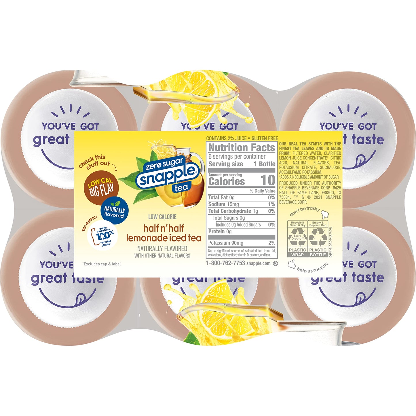 Snapple Zero Sugar Half 'n Half Tea, 16 fl oz recycled plastic bottle, 6 pack