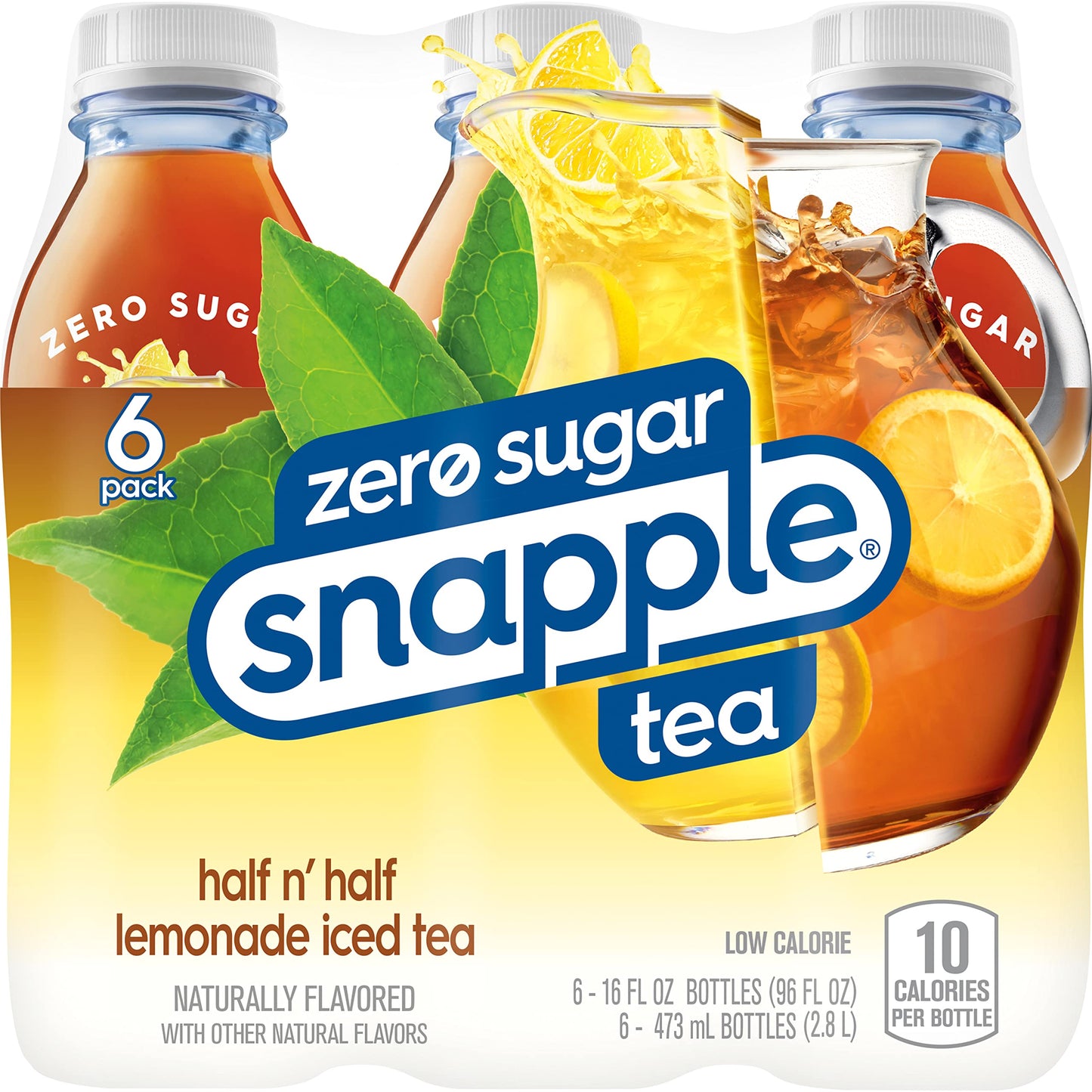 Snapple Zero Sugar Half 'n Half Tea, 16 fl oz recycled plastic bottle, 6 pack