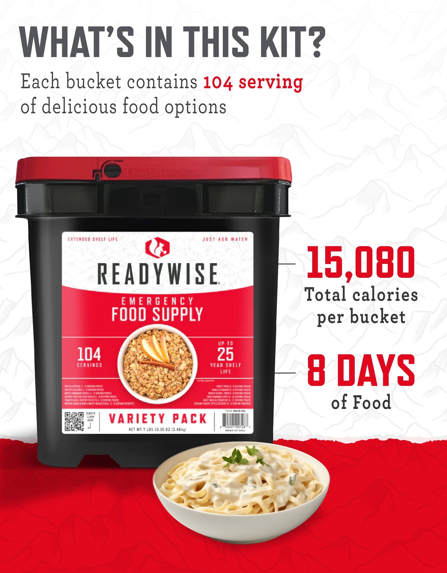 ReadyWise Emergency Food Supply - 120 Servings Favorites Sample Bucket, Survival Food Kit, Freeze Dried Prepper Food & Dehydrated Meals for Camping Essentials & Backpacking, up to 25 Year Shelf Life