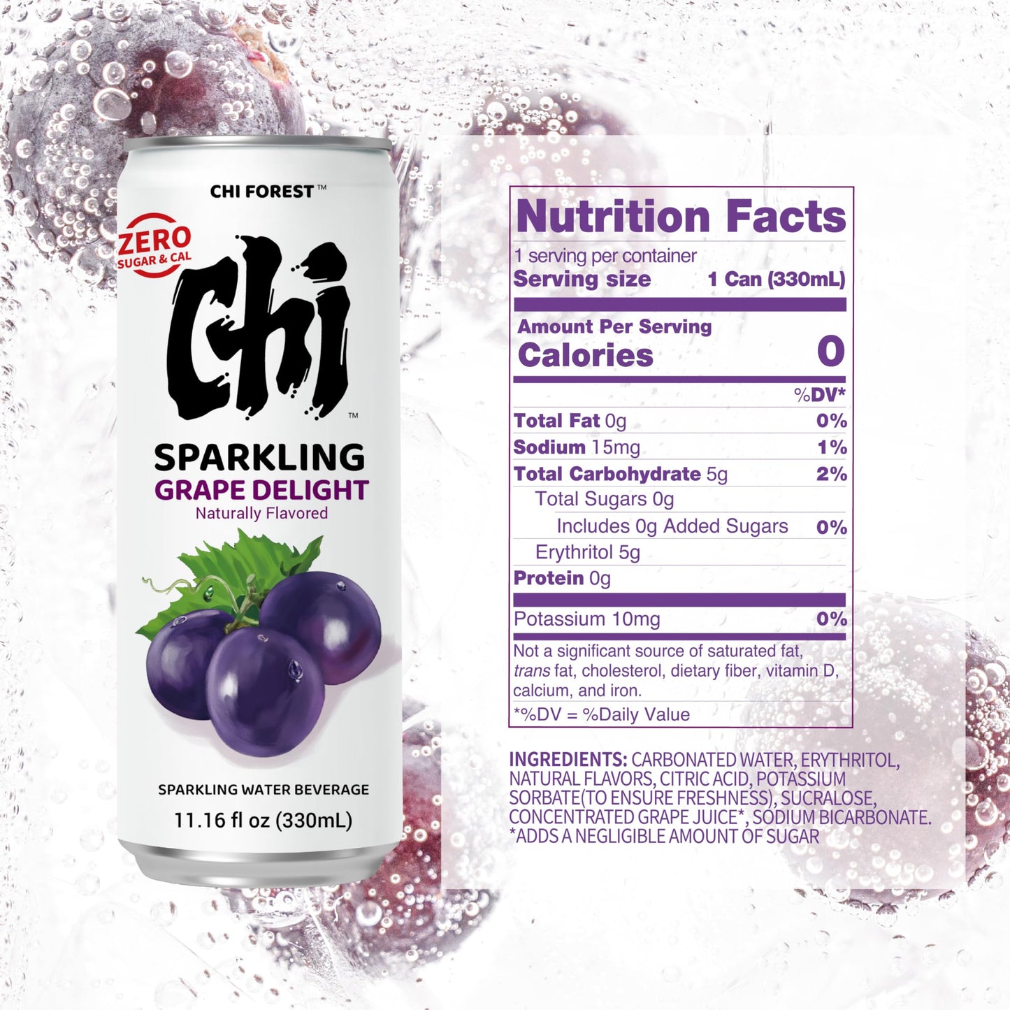 CHI FOREST Sparkling Water Beverage, 4 Flavors Variety Pack, Zero Sugar, 11.16 fl oz Cans (Pack of 24)