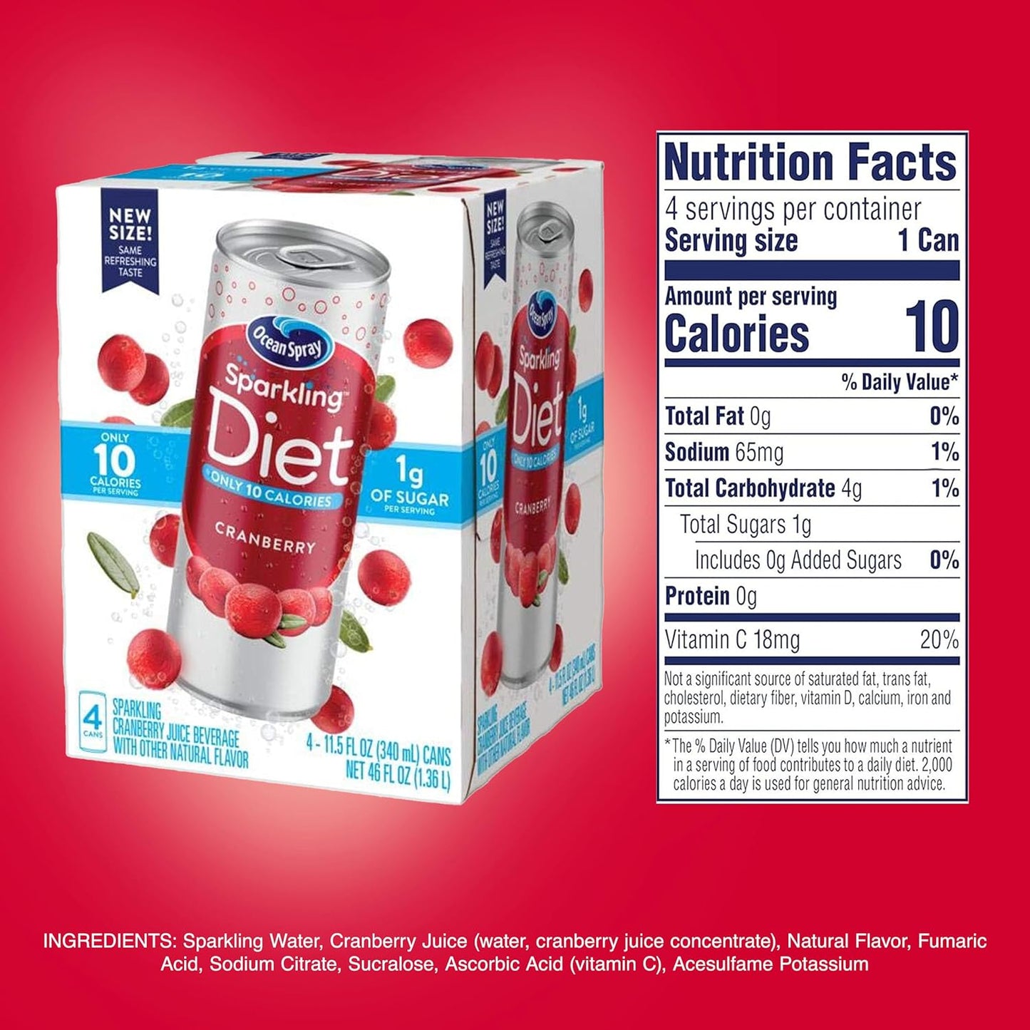Ocean Spray® Sparkling Diet Cranberry Juice Drink, 11.5 Fl Oz Cans, 4 Count (Pack of 24)