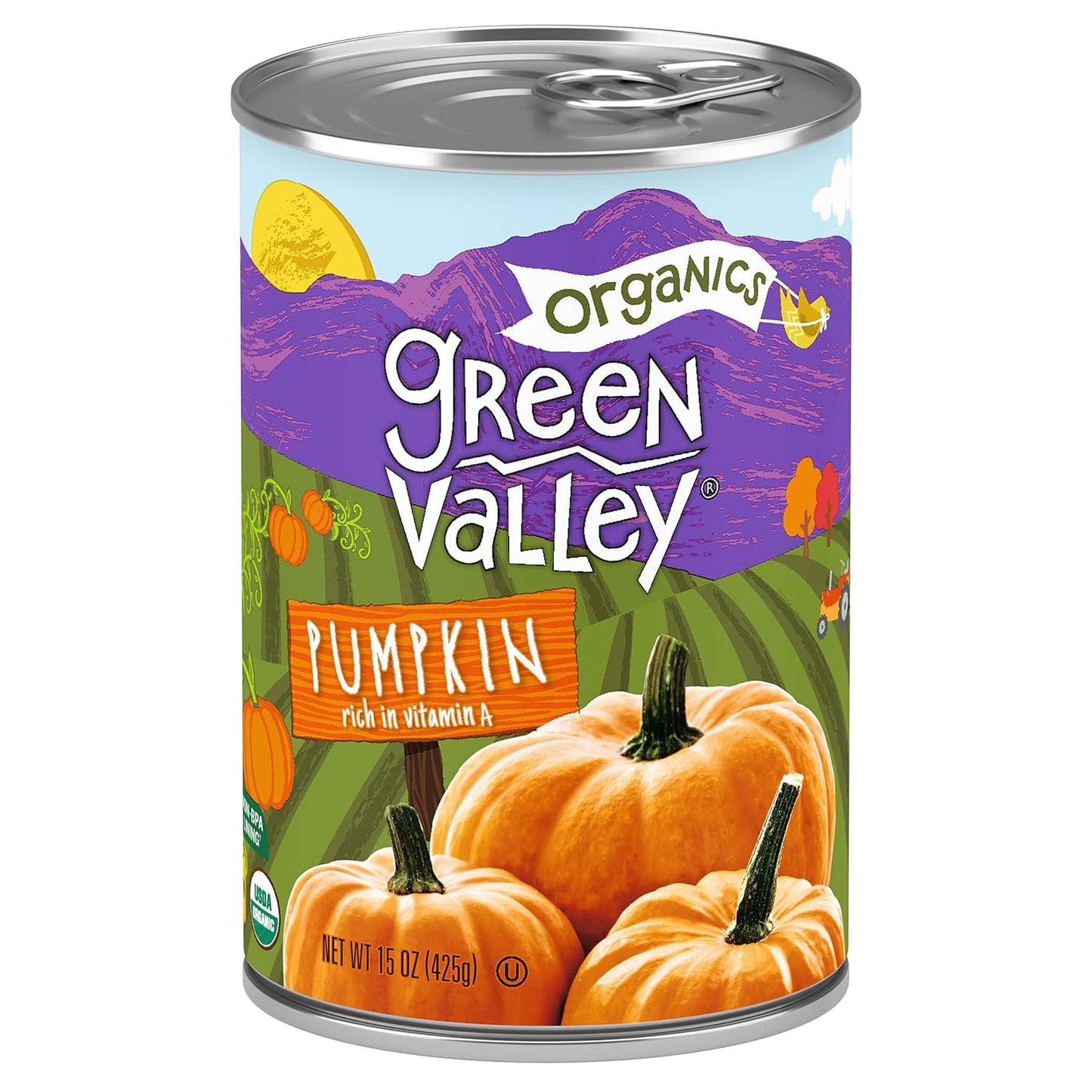 Green Valley Organics Pumpkin | Certified Organic | 100% Dickinson Variety | Sweet Earthy Delicious | Firm & Smooth | Vibrant Autumn Orange | American Grown & Made | 15 oz (Pack of 4)