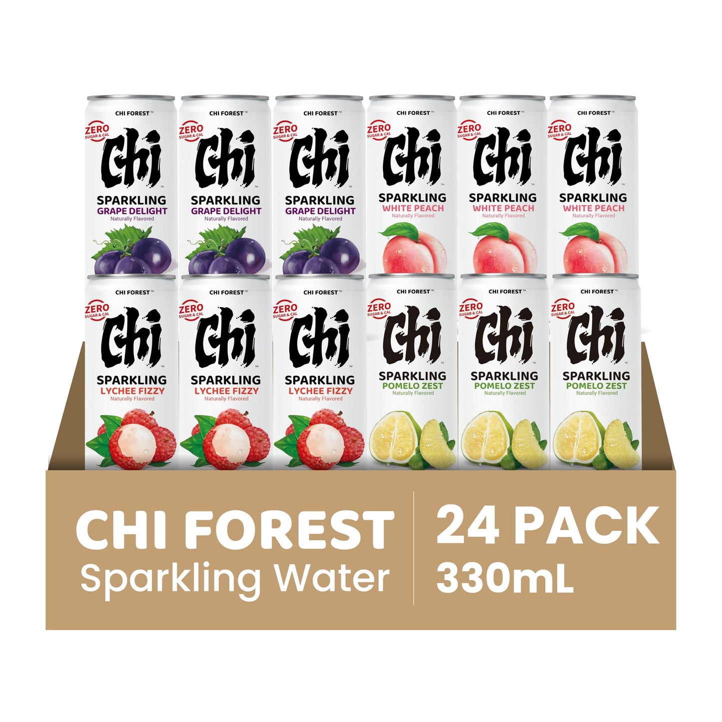 CHI FOREST Sparkling Water Beverage, 4 Flavors Variety Pack, Zero Sugar, 11.16 fl oz Cans (Pack of 24)