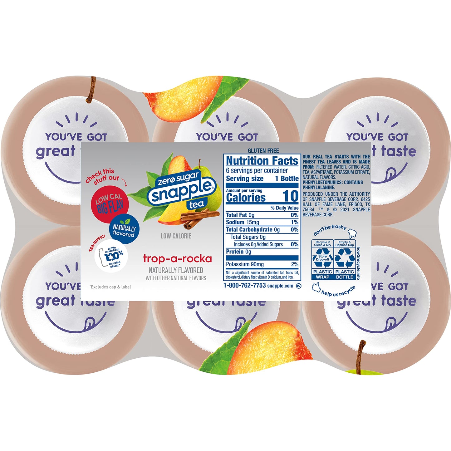 Snapple Zero Sugar Half 'n Half Tea, 16 fl oz recycled plastic bottle, 6 pack