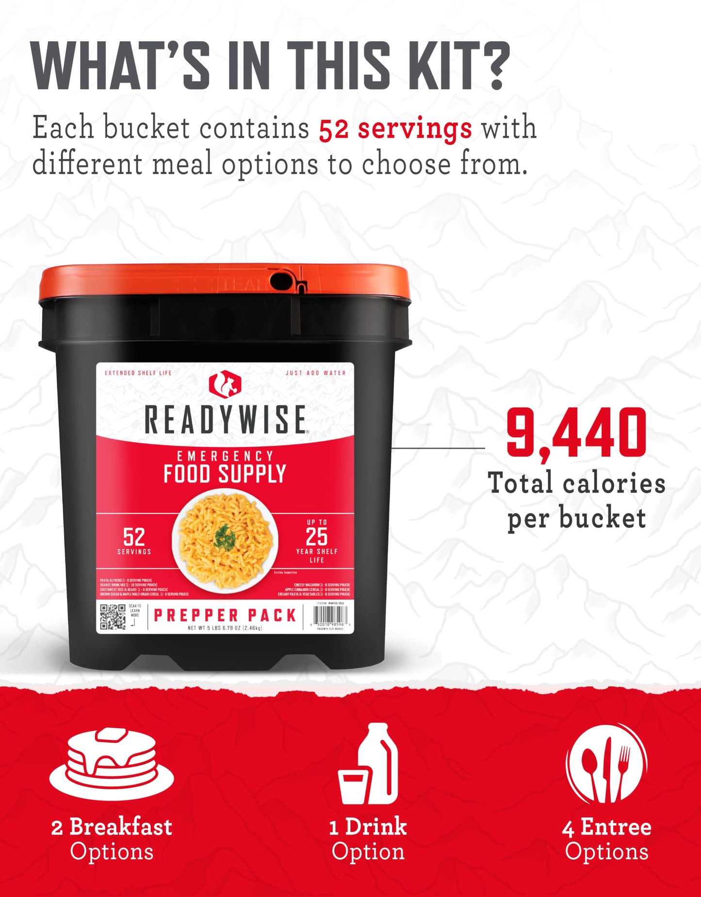 ReadyWise Emergency Food Supply - 120 Servings Favorites Sample Bucket, Survival Food Kit, Freeze Dried Prepper Food & Dehydrated Meals for Camping Essentials & Backpacking, up to 25 Year Shelf Life
