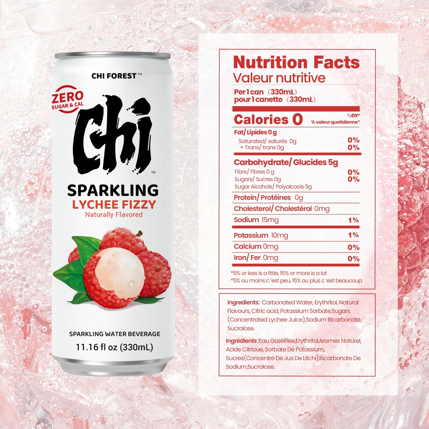 CHI FOREST Sparkling Water Beverage, 4 Flavors Variety Pack, Zero Sugar, 11.16 fl oz Cans (Pack of 24)