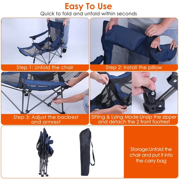 Foldable Camping Chair Collapsible Reclining Chair 330LBS Load Heavy Duty Steel Lawn Chair With Reclining Backrest Angle Cup Holder Pillow Side Pocket Carry Bag