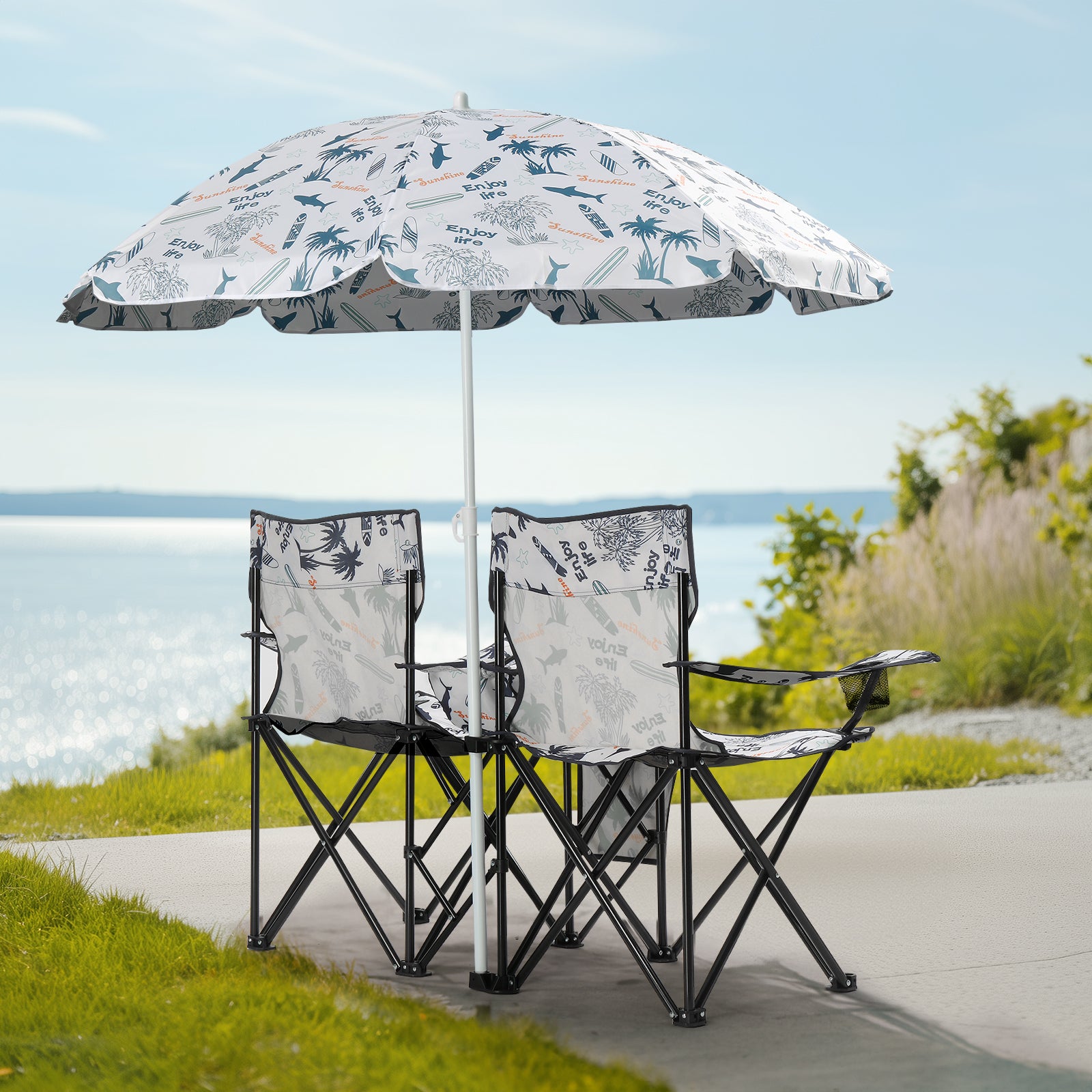59x19.6x31in, Coconut Tree Pattern, Fishing Chair With Parasol, Camping Chairs
