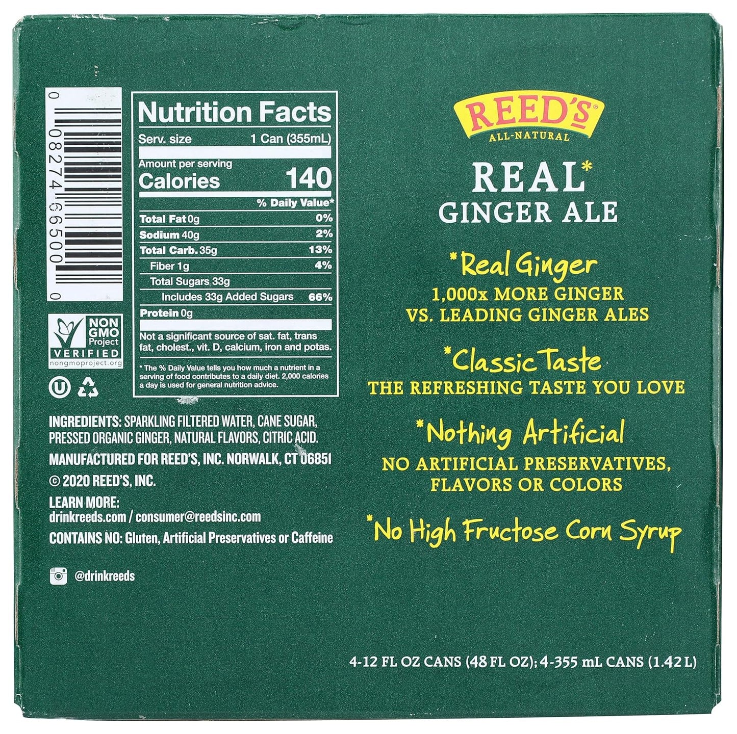 REEDS GINGER BREW Real Ginger Ale Soda 4 Pack, 12 FZ
