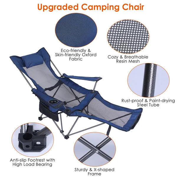 Foldable Camping Chair Collapsible Reclining Chair 330LBS Load Heavy Duty Steel Lawn Chair With Reclining Backrest Angle Cup Holder Pillow Side Pocket Carry Bag