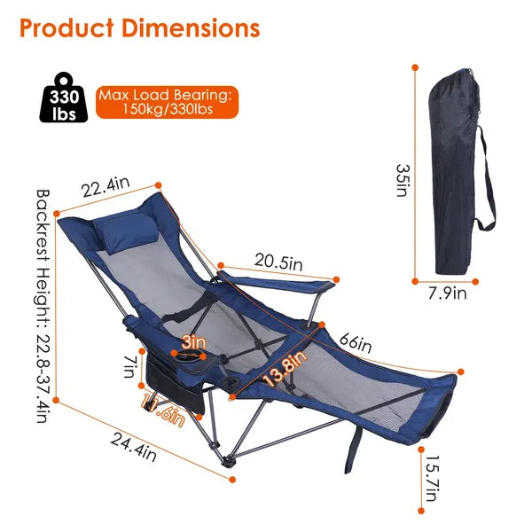 Foldable Camping Chair Collapsible Reclining Chair 330LBS Load Heavy Duty Steel Lawn Chair With Reclining Backrest Angle Cup Holder Pillow Side Pocket Carry Bag