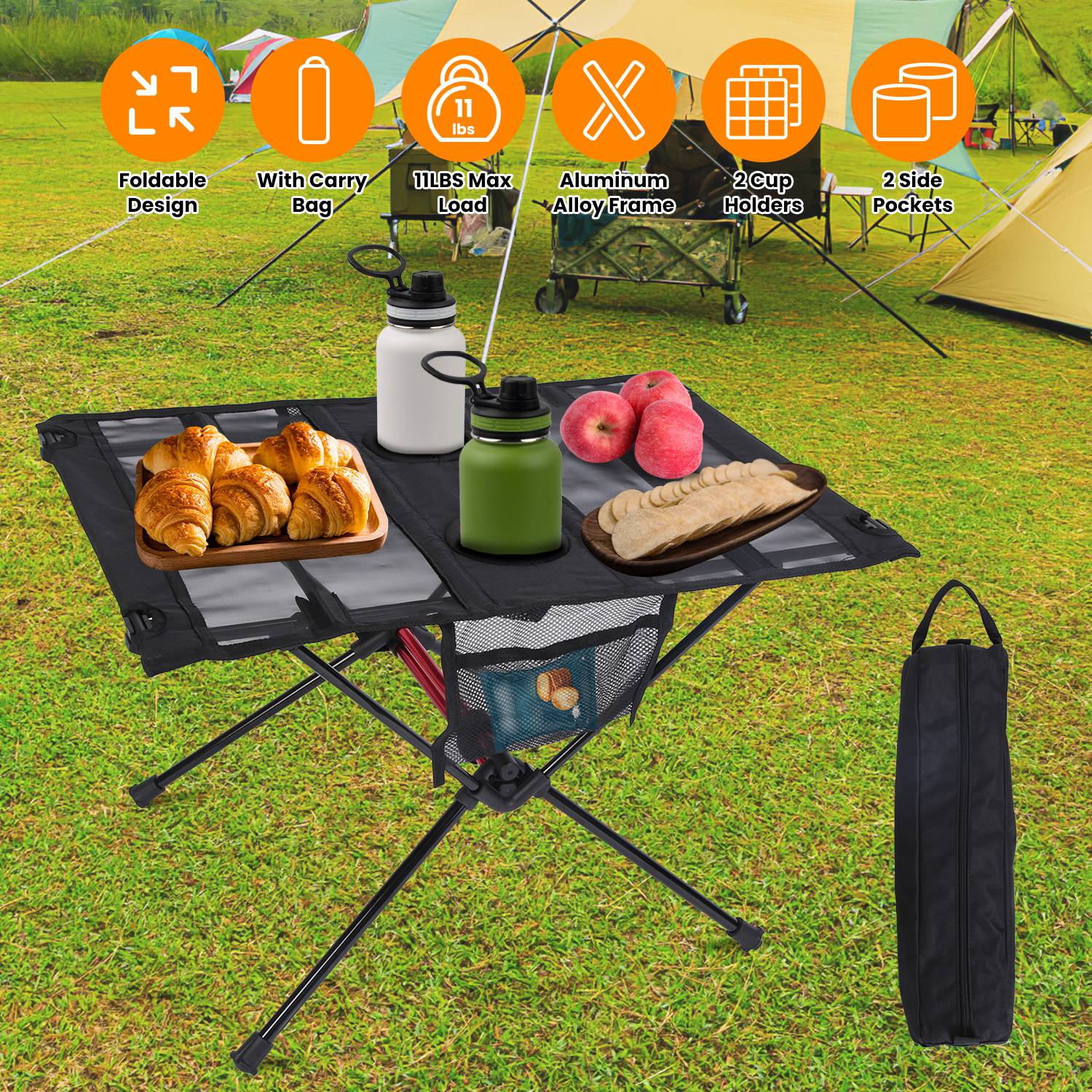1Pc Portable Folding Camping Table Foldable Beach Table Aluminum Alloy Frame With 2 Cup Holders 2 Side Pockets Carry Bag For Picnic Camping Hiking Beach BBQ