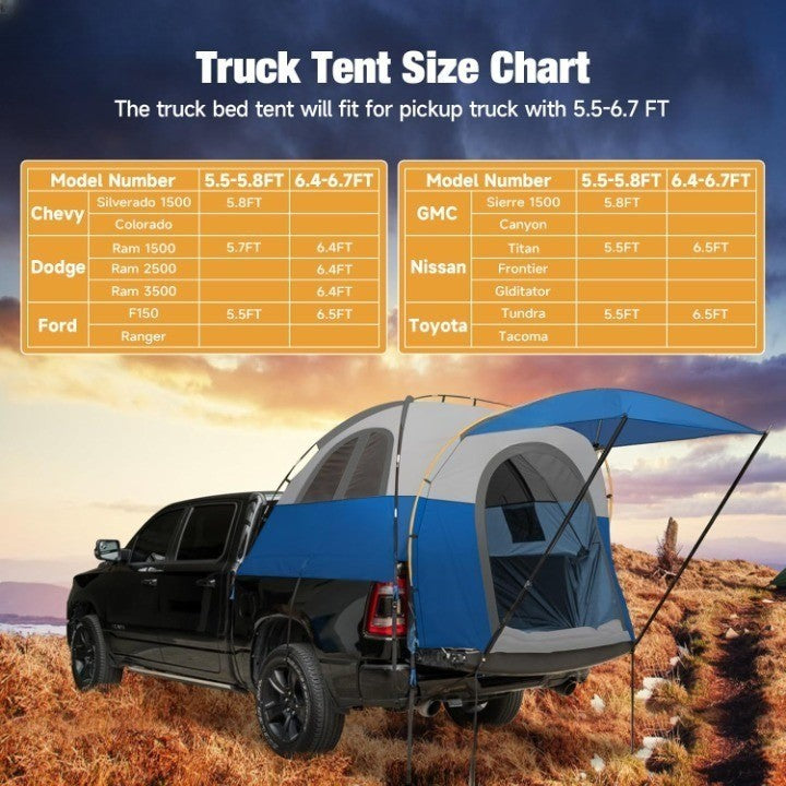 Truck Bed Tent With Awning, Fits 5.5-5.8FT Truck, PU3000mm Waterproof Tailgate Pickup Truck Tents, Easy Set-up For 2 Person, Fits Full Size Short Bed, Chevy, Dodge, Ford, GMC